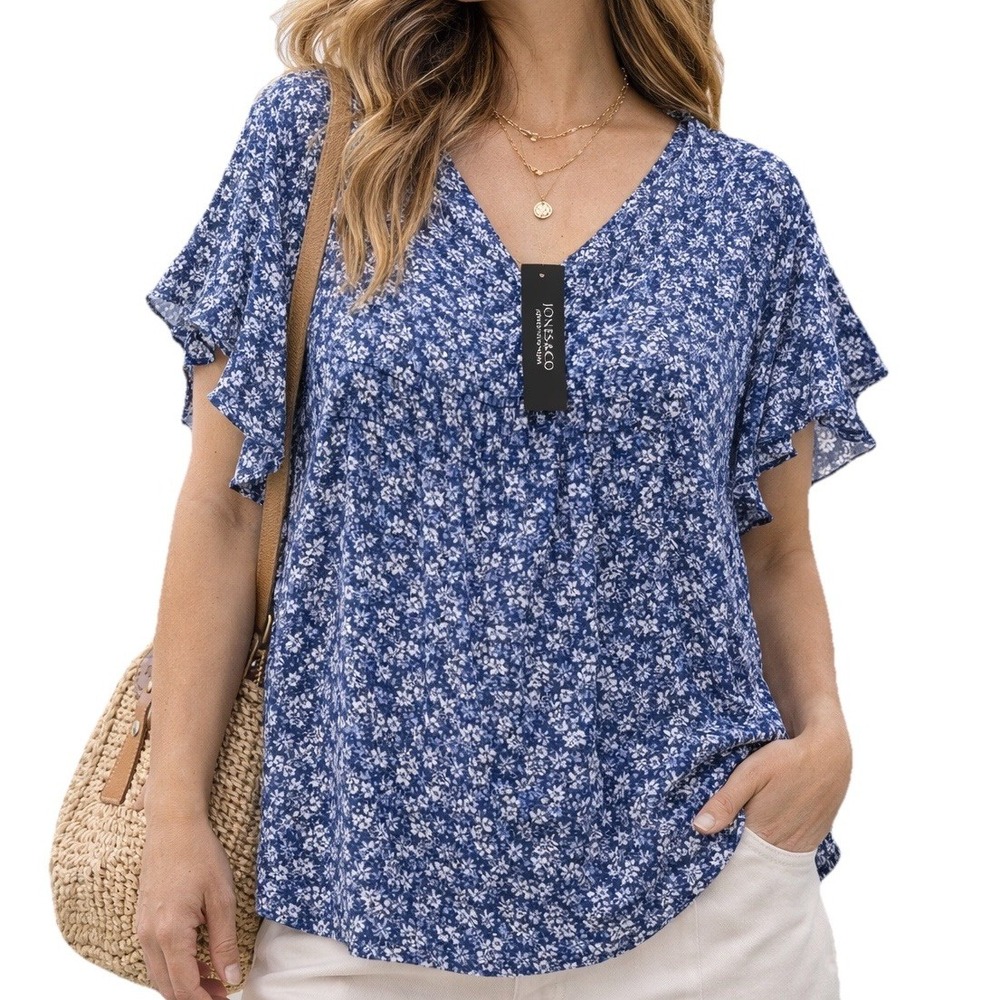 Jones New York 2X Blue White Floral Blouse V Neck Ruffle Sleeve Plus NWT